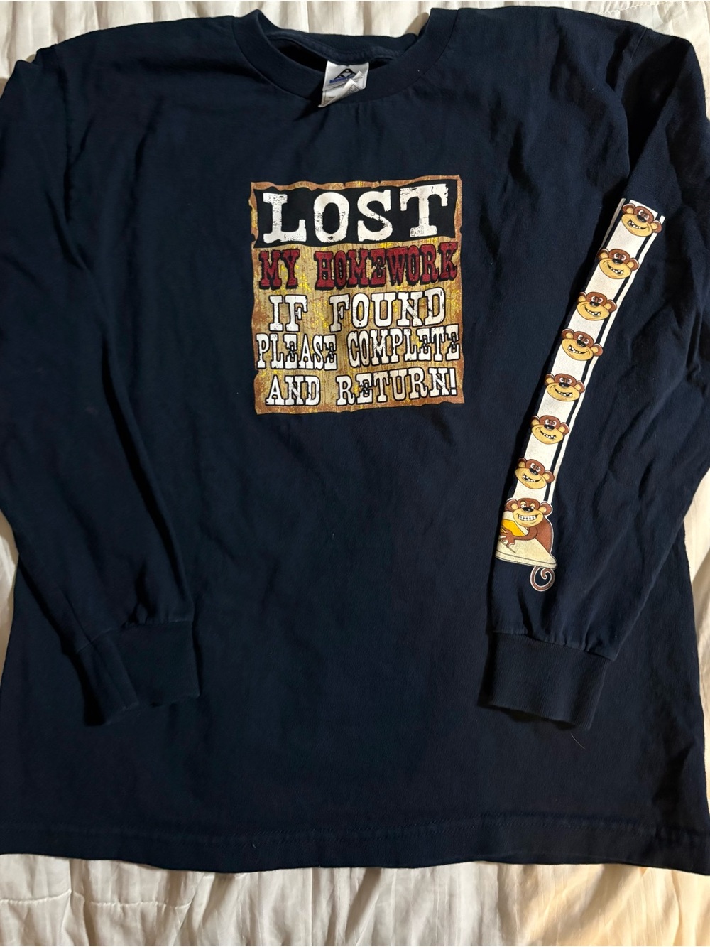 Boys XL Navy Long Sleeve Graphic Tee with Playful Sleeve Accent